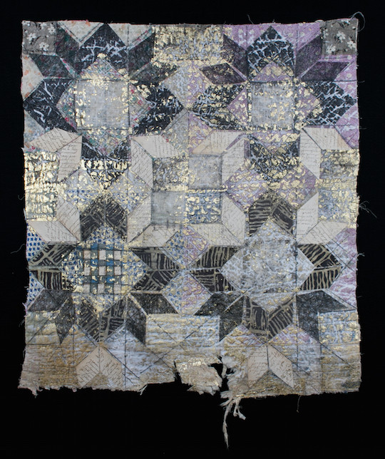 Sunday Morning (original quilt pattern called Crown of Thorns.) 2015 Vintage patchwork quilt, handprinted papers, including pages from a Sunday School Journal from 1926. also Lutradur over spackling and gel medium. Gold leaf. Misty Fuse fusible web. graphite.