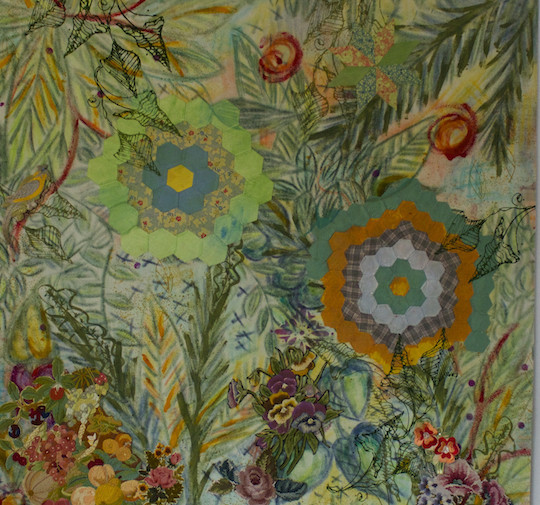 Grandmother’s Flower Garden 3. 2014. 48 x 48”. vintage embroidery, cotton patchwork, and needlepoint, silk noil, MX soy dye crayons, printed dye, needle felting, embroidery and machine stitching. Ecco felt backing.