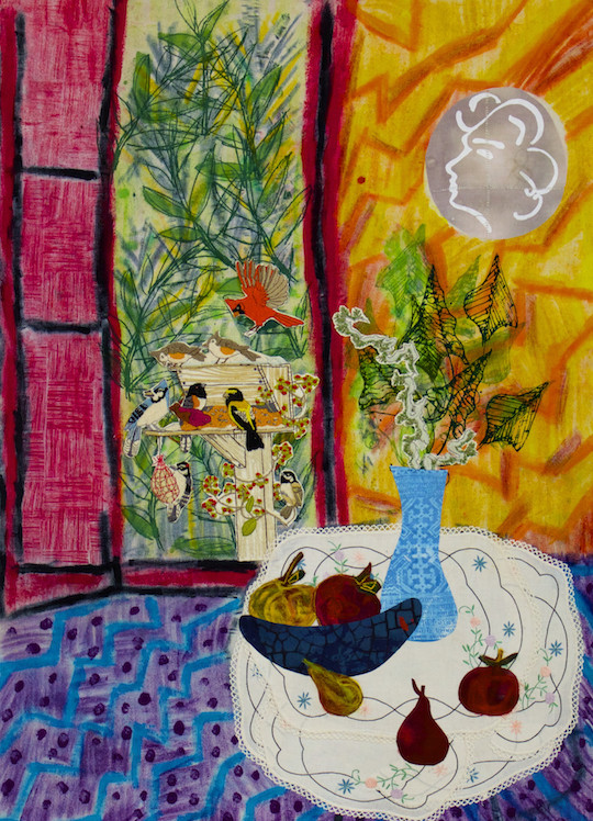 Matisse’ Bird feeder. 2014. 39x30”. vintage embroidery, silk noil, MX soy dye crayons, printed dye, needle felting, embroidery and machine stitching. Ecco felt backing.