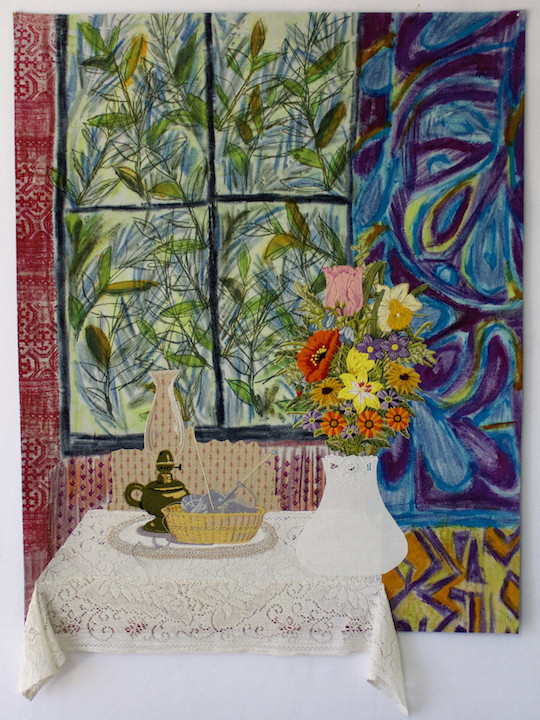 Knitting with Matisse. 2014. 38x30”. Vintage embroidery, silk noil, MX soy dye crayons, printed dye, needle felting, embroidery and machine stitching. Ecco felt backing.