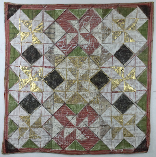Crazy Ann. 2015. 40x40”. Vintage patchwork quilt (and that’s the real name of the pattern!) handprinted papers and Lutradur over spackling and gel medium. Gold leaf. Misty Fuse fusible web. graphite.