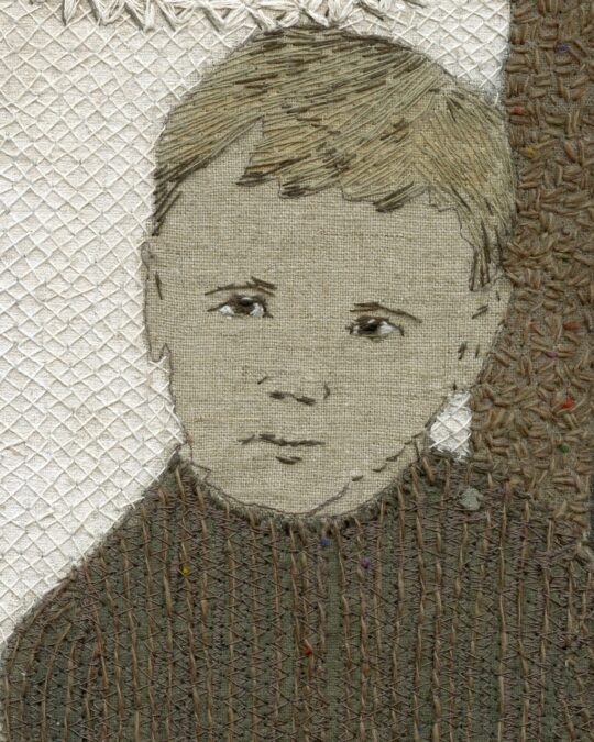 Sue Stone, The Unknown Statistic, (detail), 2014. 100cm x 70cm (39” x 28”). Hand and machine embroidery, painting. Cotton/linen fabric, cotton threads, fabric, acrylic paints.