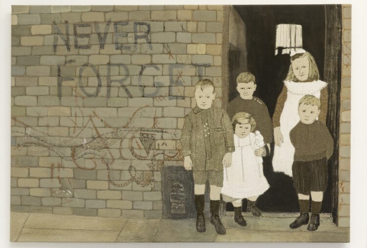 Sue Stone, The Unknown Statistic, 2014. 100cm x 70cm (39” x 28”). Hand and machine embroidery, painting. Cotton/linen fabric, cotton threads, fabric, acrylic paints.