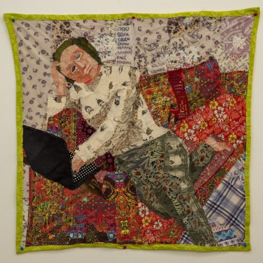 Anat Artman, Good at Lounges (inspired by Edouard Vuillard’s Madame Hessel on the Sofa), 2021. 80cm x 80cm (31” x 31”). Hand stitch, raw appliqué. Recycled and other fabrics. Photo: Yoni Kelberman
