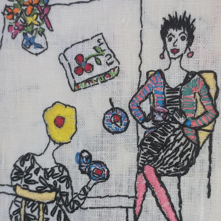 Mathilde Renes, The Visit (detail), 2021. 35cm x 40cm (14” x 16”). Hand embroidery. DMC thread on linen.