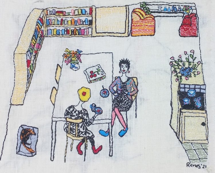 Mathilde Renes, The Visit, 2021. 35cm x 40cm (14” x 16”). Hand embroidery. DMC thread on linen.