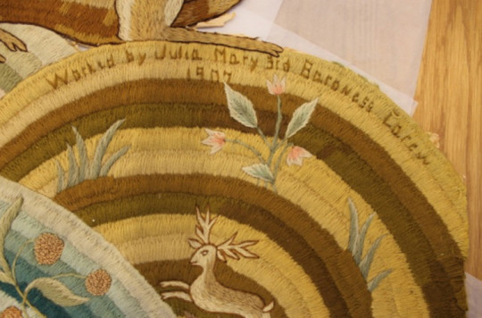 detail from Lady Carew’s ‘tree of life’ embroideries at Girton college Cambridge, with her signature