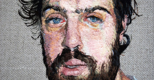 Daniel Kornrumpf, Brooklyn Bobby (detail), 2007, 52" x 46", hand embroidered on linen