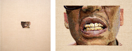 Daniel Kornrumpf, no mold gold teeth, 2013, 42" x 36", hand embroidered on linen