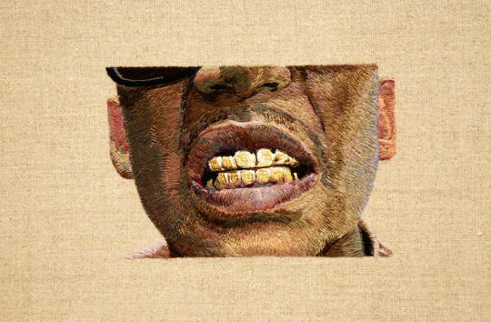 Daniel Kornrumpf, no mold gold teeth (detail), 2013, 42" x 36", hand embroidered on linen