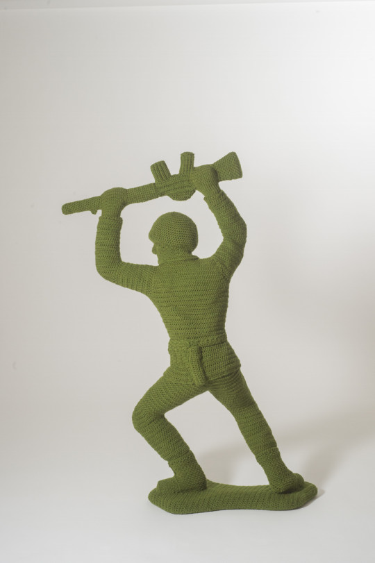 Nathan Vincent, Green Army Man 7A, 2015, 45.5" x 16" x 53", Crocheted yarn, foam, steel, paverpol, cotton fabric, photo credit David Lindsay