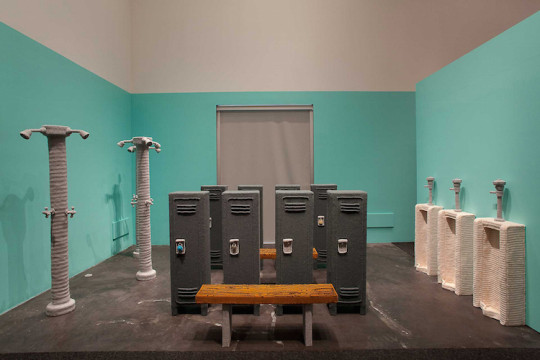 Nathan Vincent, Locker Room, 2011, 12' x 19' x 8', Yarn, foam, wood, photo credit Steven Miller