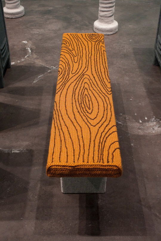 Nathan Vincent, Locker Room bench detail, 2011, 12' x 19' x 8', Yarn, foam, wood, photo credit Steven Miller