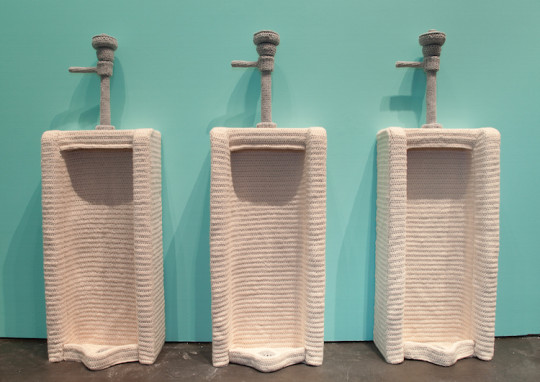 Nathan Vincent, Locker Room urinal detail, 2011, 12' x 19' x 8', Yarn, foam, wood, photo credit Steven Miller