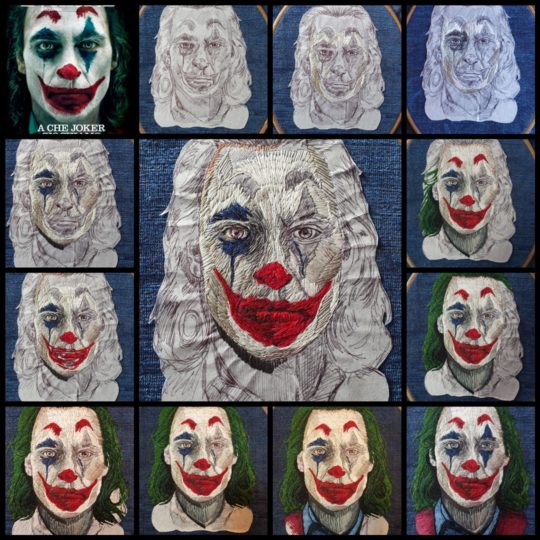 Jane C Thom, Joker (photo collage), 2020. 25cm x 20cm (10" x 8"). Long and short stitch. Upholstery fabric sample, DMC and Anchor embroidery threads. Photo: @daniellucy.