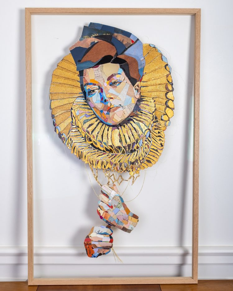 Ditte Sørensen, Woman with Ruff, 2022. 75cm x 122cm (30" x 48"). Sewn collage. Comics, books, chocolate paper, gift wrapping paper, leather, fabric. Photo: Frej Rosenstjerne.