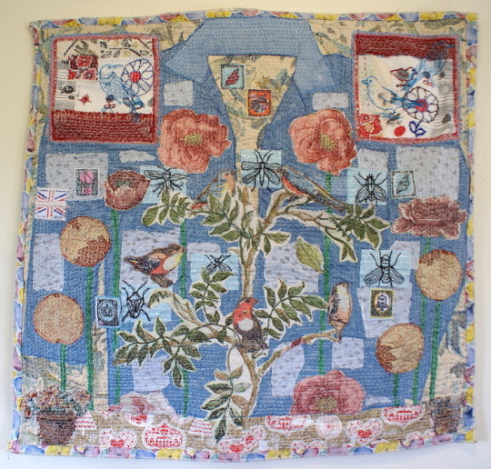 Anne Kelly ‘Camellia Bird Tree’ mixed media textile with vintage textile, 125 x 130 cm