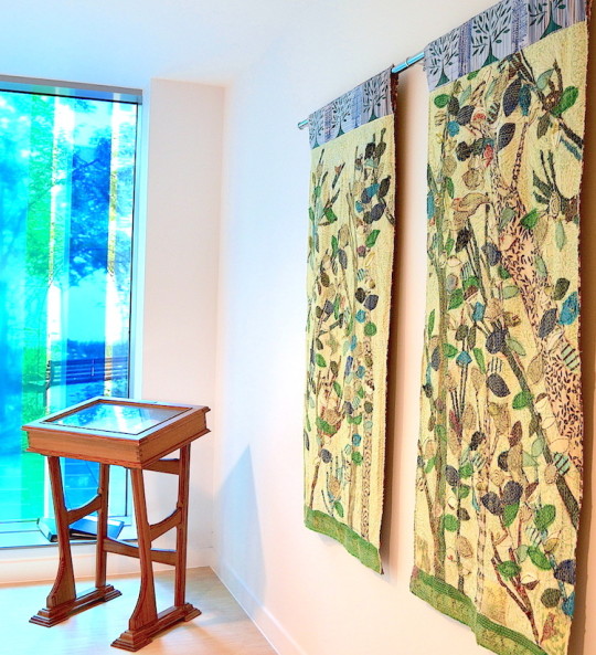 Anne Kelly ‘William Morris Trees’ in Tunbridge Wells Hospital multi-faith room, embroidered textile hangings, 180 x 90 cm each