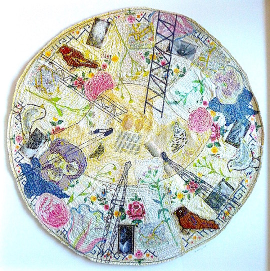 Anne Kelly ‘St. Giles’, mixed media textile with photographic transfers, 90 cm diameter