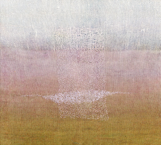Karen Henderson, Breathing Fog. Hand woven linen, dye painting, with stitching. 11 7/8”W x 10 5/8”h x 11 7/8”w. 2007. Private Collection