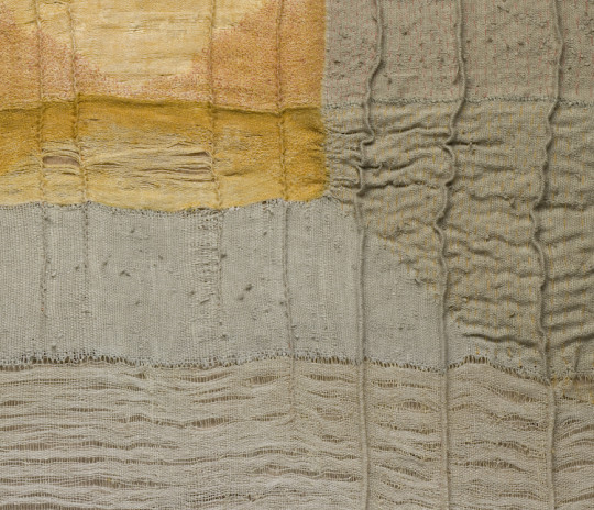 Karen Henderson, Choice (detail). Hand woven linen, pineapple ramie, rayon paper w/silk, silk/stainless steel; dyed, discharged, stitched, with metallic and linen fabrics and gold leaf. 38”h x 30”w. 2007. Private Collection