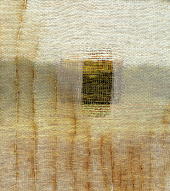 Looking Through. Hand woven linen, paper, and bamboo; dye & discharge, collaged with rust printed silk organza, gold foil & silk with stitching. 9”W x 9 7/8”H. 2007. Private Collection