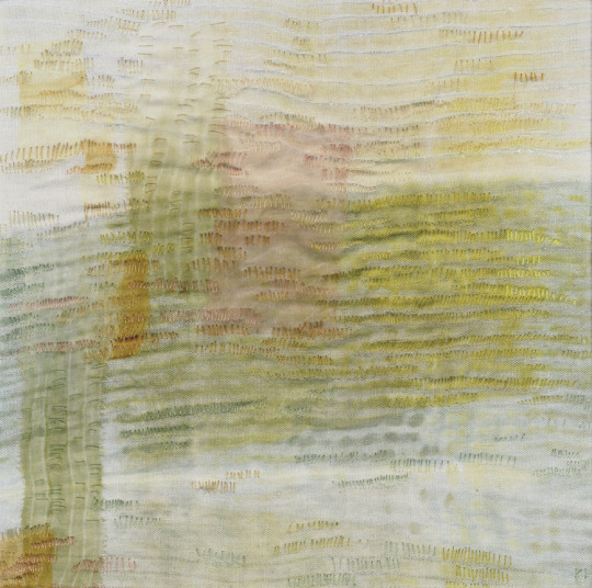 Karen Henderson, Meadow. Linen and rayon with silk gauze and silk organza; shibori, dye painting, color removal, and hand stitching. 12”w x 12”h. 2012. University of Vermont Medical Center Permanent Art Collection.