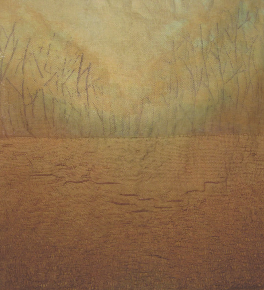 Karen Henderson , Rest. Hand woven hemp, silk, and silk blend; with cotton, raw silk and silk organza, dye, batik, color removal, rust print, and stitching. 26”h x 23”w. 2009.