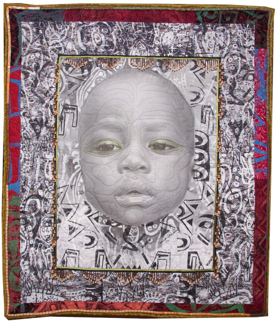 Mary Fisher, 2009, 39"x47", He's My Baby, Phototransfer on fabric, Handpainted woodcuts and linocuts, machine and hand applique and embellishments, machine and hand embroidery, machine quilted, hand painted, phototransfer on fabric.jpg