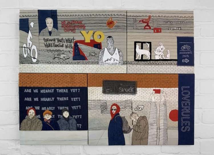 Sue Stone, Brooklyn: Recollection, Return & Repartee, 2020. 139cm x 87.5cm x 2.5cm (55” x 34” x 1”). Hand and machine stitch, appliqué, piecing, drawing. Linen and recycled clothing fabrics, cotton and linen threads. Photo: Pitcher Design