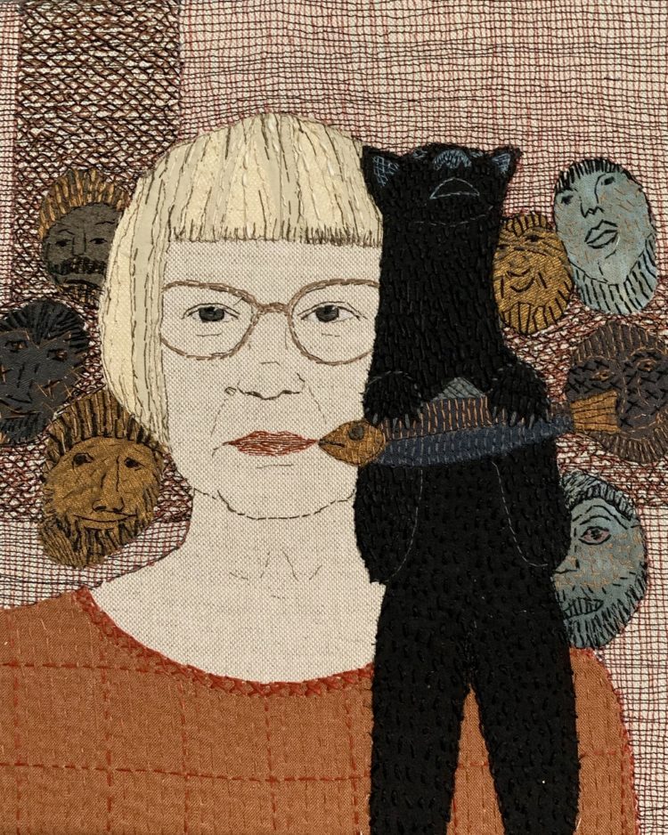 Sue Stone, Self Portrait Number 65, 2021. 24cm x 30cm (9.5” x 12”). Hand and machine stitch, appliqué. Cotton threads, InkTense pencil, recycled clothing fabric on linen. Photo: Pitcher Design