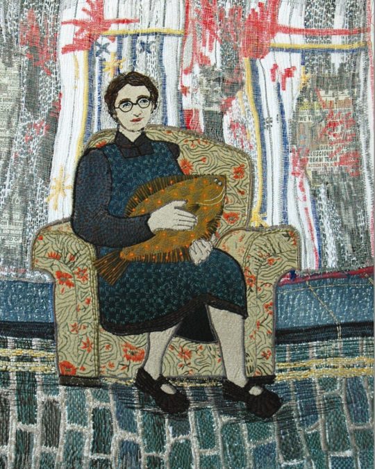 Sue Stone, East End Chair, 2007. 41cm x 51cm (16” x 20”). Hand and machine stitch, appliqué. Threads, linen background with applied recycled clothing fabrics. Photo: Pitcher Design