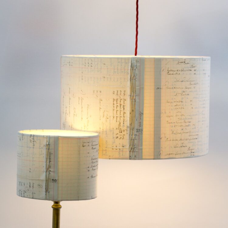 Jennifer Collier, Smocked Ledger Light shade, 2018. Small: 16cm x 20cm x 13cm (6¼" x 7¾" x 5"). Medium: 20cm x 30cm x 22cm (7¾" x 11¾" x 8½"). English hand smocking and machine stitch. Vintage ledger, crochet thread and machine thread.