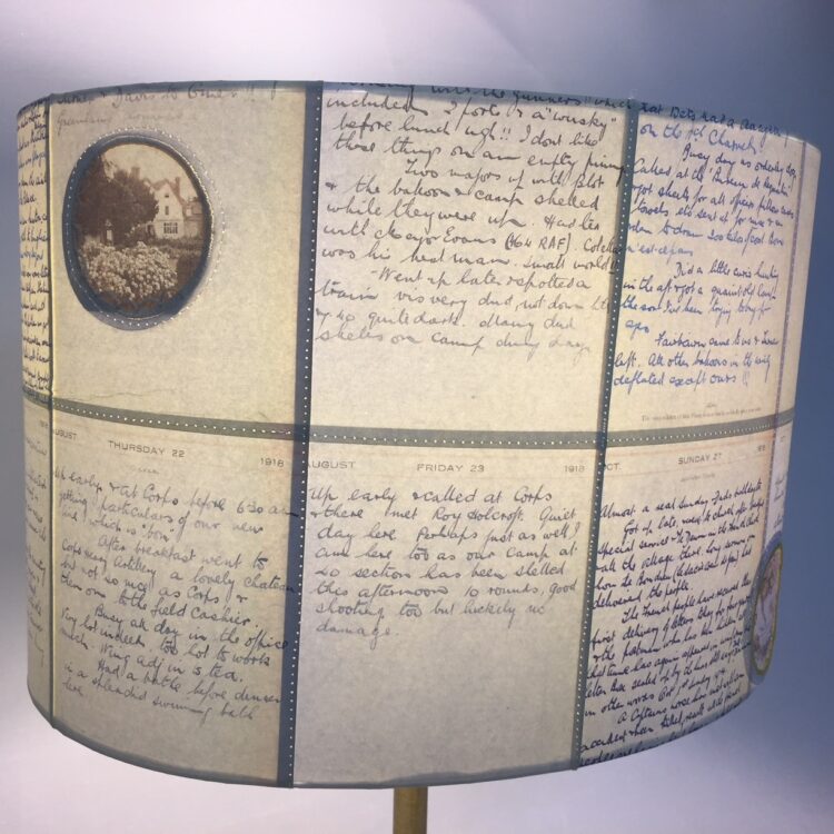 Jennifer Collier, ‘Elliptical’ Light Shades for visitor reception, as part of the First World War observation balloon commission, NT Packwood House, Solihull, 2018. 26cm x 40cm x 29cm (10½" x 15¾" x 11½"). Picot hand stitch and machine stitch. Site specific papers, crochet and machine thread.