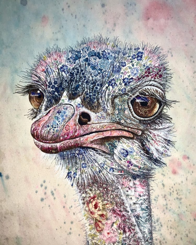 Sophie Standing, Ostrich, 2020. 50cm x 70cm (19¾" x 27½"). Appliqué, free motion thread painting. Cotton canvas, acrylic paint, cotton fabrics, Aurifil cotton thread.