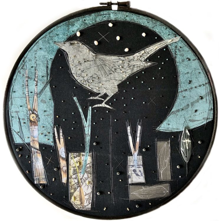 Stephanie Redfern, Natural Histories, 2022. 25cm (10") diameter. Appliqué and hand stitch. Linen, digitally printed silk, cotton and metallic threads, beads, porcelain.