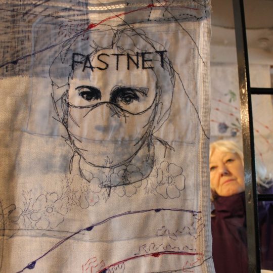 Cas Holmes, Shipping Forecast On Light Vessel 21, 2022. 10 panels: each 250cm x 70cm (98" x 28"). Layered and bonded collage, printed, dyed, machine and hand stitch. Linen, lace and paper. Photo: Cas Holmes.