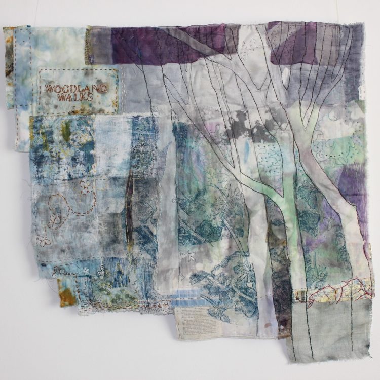 Cas Holmes, Walk in the Park, 2022. 350cm x 22cm (138" x 9"). Painted and dyed vintage materials, collage, machine and hand stitch. Linen, curtain and dress fabric, kitchen domestic cloth, old book pages. Photo: Cas Holmes.