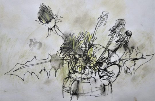 Cas Holmes, Sketch for Walk in the Park, 2021. 20 x 24 cm (8" x 9"). Drawn with sticks. Plant colour, pen, ink. Photo: Cas Holmes.