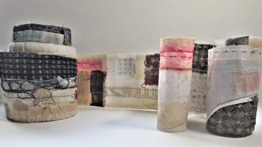 Cas Holmes, Voices, 2022. 13cm x 205cm (5" x 81"). Painted and dyed vintage materials, collage, machine and hand stitch. Japanese cloth and papers.