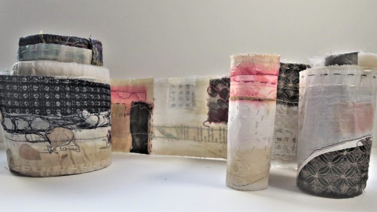 Cas Holmes, Voices, 2022. 13cm x 205cm (5" x 81"). Painted and dyed vintage materials, collage, machine and hand stitch. Japanese cloth and papers. 