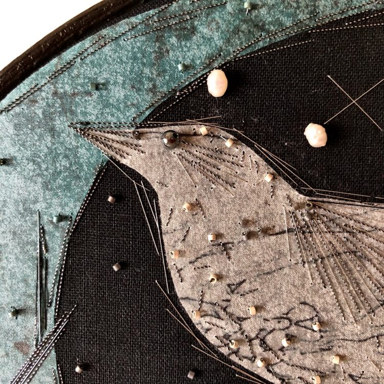 Stephanie Redfern, Natural Histories (detail), 2022. 25cm (10") diameter. Appliqué and hand stitch. Linen, digitally printed silk, cotton and metallic threads, beads, porcelain.