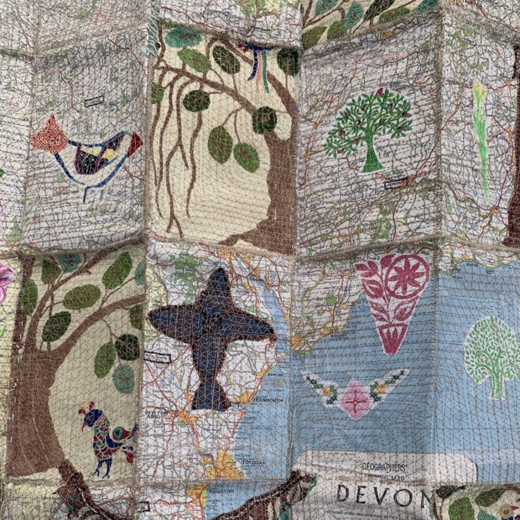 Anne Kelly, Devon Map, 2019. 90cm x 80cm (35½" x 31½"). Collage, mixed media, hand and machine stitch. Textiles, paper.