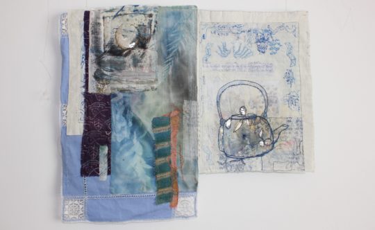 Cas Holmes, Wanderer's Nightsong (5), 2021. 80cm x 50cm (31" x 20"). Sun printed, printing, painted and dyed vintage materials, machine and hand stitch. Linen tablecloth, kitchen domestic cloth.