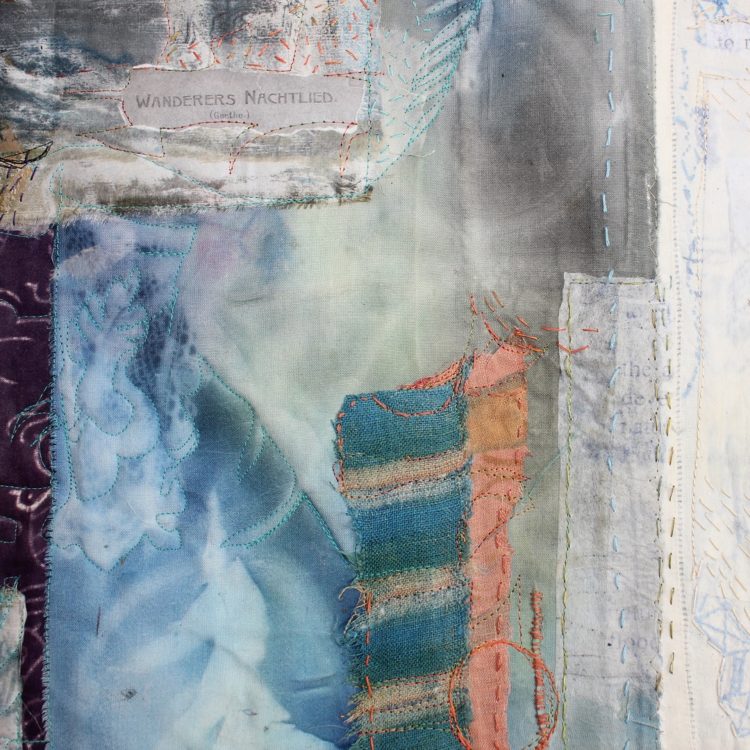 Cas Holmes, Wanderer's Nightsong (detail), 2021. 80cm x 50cm (31" x 20"). Sun printed, printing, painted and dyed vintage materials, machine and hand stitch. Linen tablecloth, kitchen domestic cloth. 