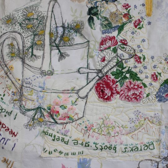 Cas Holmes, Derek's Garden (detail), 2022. 110cm x 100cm (43" x 39"). Painted and dyed vintage materials, collage, machine and hand stitch. Linen tablecloth, kitchen domestic cloth, gardening seed packets.