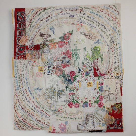 Cas Holmes, Derek's Garden, 2022. 110cm x 100cm (43" x 39"). Painted and dyed vintage materials, collage, machine and hand stitch. Linen tablecloth, kitchen domestic cloth, gardening seed packets.