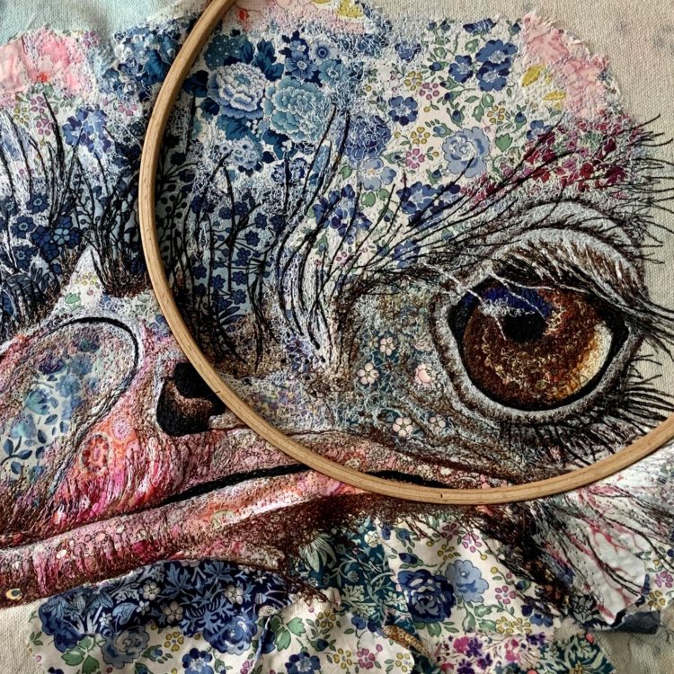Sophie Standing, Ostrich (detail/work in progress), 2020. 50cm x 70cm (19¾" x 27½"). Appliqué, free motion thread painting. Cotton canvas, acrylic paint, cotton fabrics, Aurifil cotton thread.