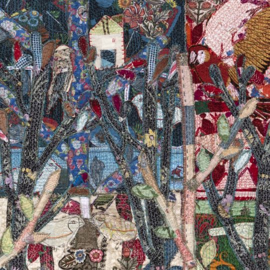 Anne Kelly, World Bird Tree (Detail), 2021. 120cm x 120cm (47" x 47"). Collage, mixed media, hand and machine stitch. Vintage and embroidered textiles.