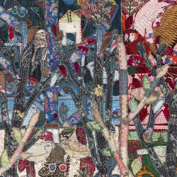 Anne Kelly, World Bird Tree (Detail), 2021. 120cm x 120cm  (47" x 47"). Collage, mixed media, hand and machine stitch. Vintage and embroidered textiles.